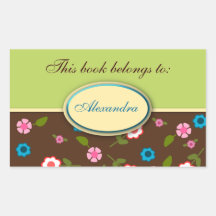 Green and Brown Floral Daisy Book Plate Name Label Rectangular Sticker