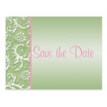 Green and Pink Damask Save the Date Postcard