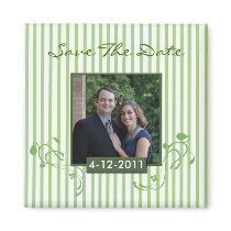 Green and White Striped Photo Save the Date Magnet