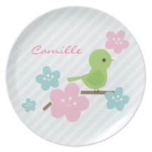 Green Bird and Cherry Flowers Dinner Plate