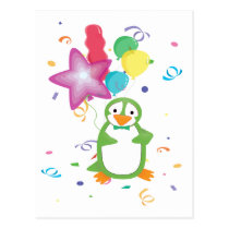 Green Birthday Penguin with Balloons Postcard postcards