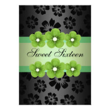 Green/Black Flower Frame Sweet16 Birthday Invite