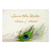 Green blue peacock feathers Save the date Invite
