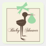 Green & Brown Sophisticated Stork Baby Shower Square Stickers
