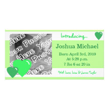 Green Candy Hearts Birth Announcement Personalized Photo Card