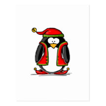 Green Christmas Elf Penguin Post Card