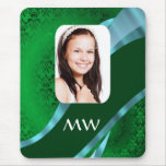 Green damask monogram photo template mouse pads