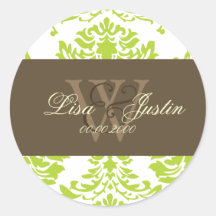 Green Damask monogram wedding stickers