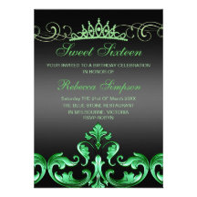 Green Damask & Tiara Birthday Invitation