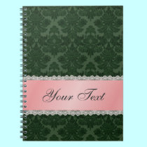Green Damask with Pink Ribbon Notebook notebooks