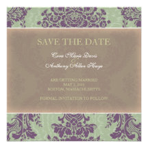 Green Elegant Damask Save the date Announcement