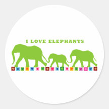 Green Elephants Walking Round Stickers