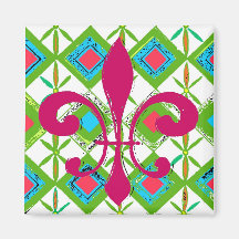 Green Flowers Abstract, Red Fleur De Lis Refrigerator Magnet