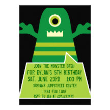 Green Monster Birthday Party Invitations Black