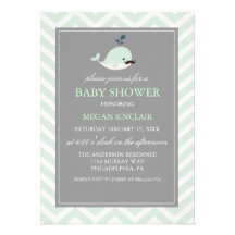 Green Mustache Whale Boy Baby Shower Invitation
