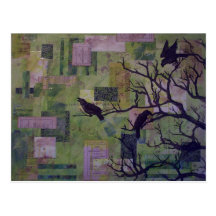 Green Patchwork Ravens mixed media postcard