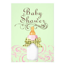 Green/Pink Bottle & Swirl Baby Shower Invitation