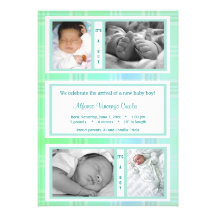 Green Plaid Quad Photo Birth Announcement