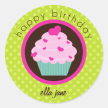 Green Polka Dot Cupcake Happy Birthday Sticker