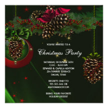 Green Red Pine Cones Elegant Christmas Party Invite