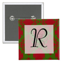 green red romantic christmas damask pinback buttons