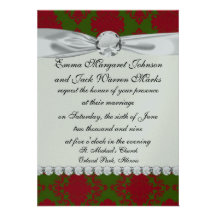 green red romantic christmas damask custom invitation
