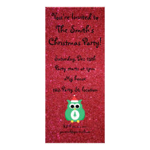 Green santa owl red glitter custom invitation