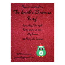 Green santa owl red glitter personalized invite