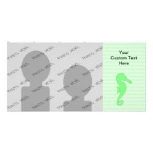 Green Seahorse on Light Green Stripes. Customized Photo Card