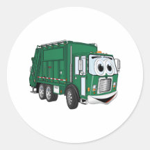 Green Smiling Garbage Truck Cartoon Round Stickers