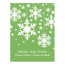 Green Snowflakes and Stars Save the Date Postcard