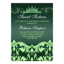 Green Sweet16 Damask & Tiara Birthday Invite