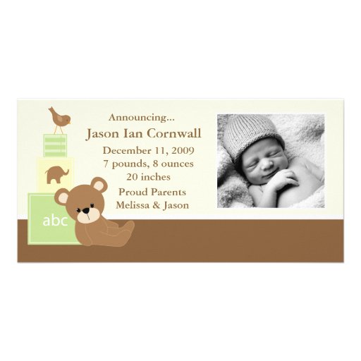 Green Teddy Bear Photo Birth Announcement Photo Cards