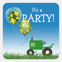 Green Tractor Party Envelope Seal Square Sticker