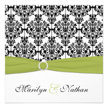 Green, White and Black Damask Wedding Invitation
