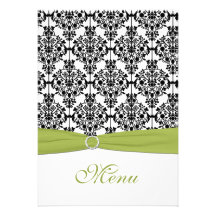 Green, White, and Black Damask Wedding Menu Card Custom Invitations