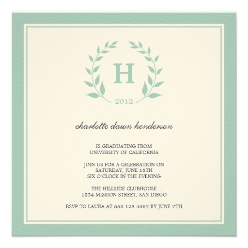 Green wreath monogram graduation class invitation