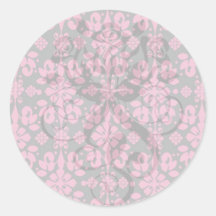 grey and pink shabby damask funky round sticker