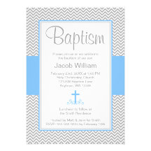 Grey Chevron Blue Cross Boy Baptism Christening Personalised Invitation