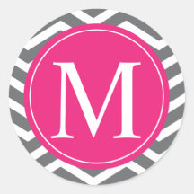 Grey Chevron Pink Monogram Round Sticker