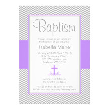 Grey Chevron Purple Cross Girl Baptism Christening Announcements