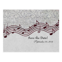 Grey Damask Red Music Save the Date Post Cards