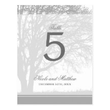 Grey Oak Tree Winter Wedding Table Number Postcards