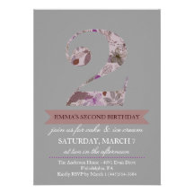 Grey & Purple Floral Two Birthday Invitation