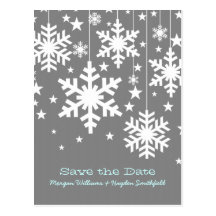 Grey Snowflakes and Stars Save the Date Postcard
