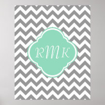 Grey & White Chevron Stripe Custom Monogram Print