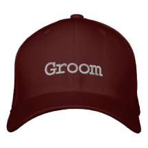 Groom baseball cap in maroon with dark grey font.