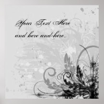 Grunge Floral Design - Light Grey B&W Poster