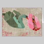 Grunge Pink & Olive Swans Personalized Notecard cards