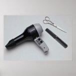 Hair dryer with scissors and comb posters